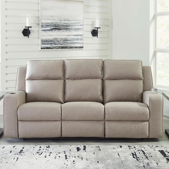 Lavenhorne Contemporary Faux Leather Manual Reclining Sofa with Drop down Table, Cup Holders and USB Ports, Beige