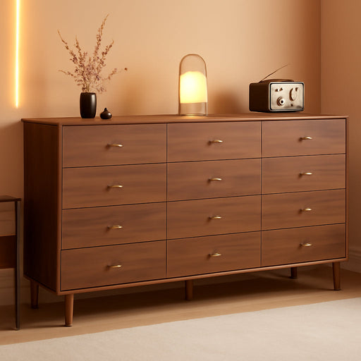 Mid Century Modern 9-Drawer Dresser, 63 Inch Wide Solid Wood Frame Chest, Walnut Finish, Beveled Design, Heavy-Duty Drawer Glides, Storage Cabinet for Bedroom, Living Room, TV Stand