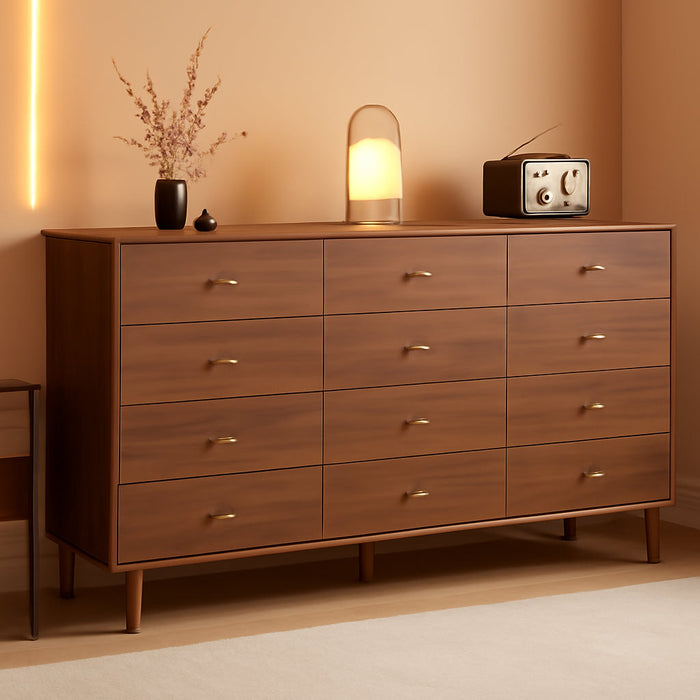 Mid Century Modern 9-Drawer Dresser, 63 Inch Wide Solid Wood Frame Chest, Walnut Finish, Beveled Design, Heavy-Duty Drawer Glides, Storage Cabinet for Bedroom, Living Room, TV Stand