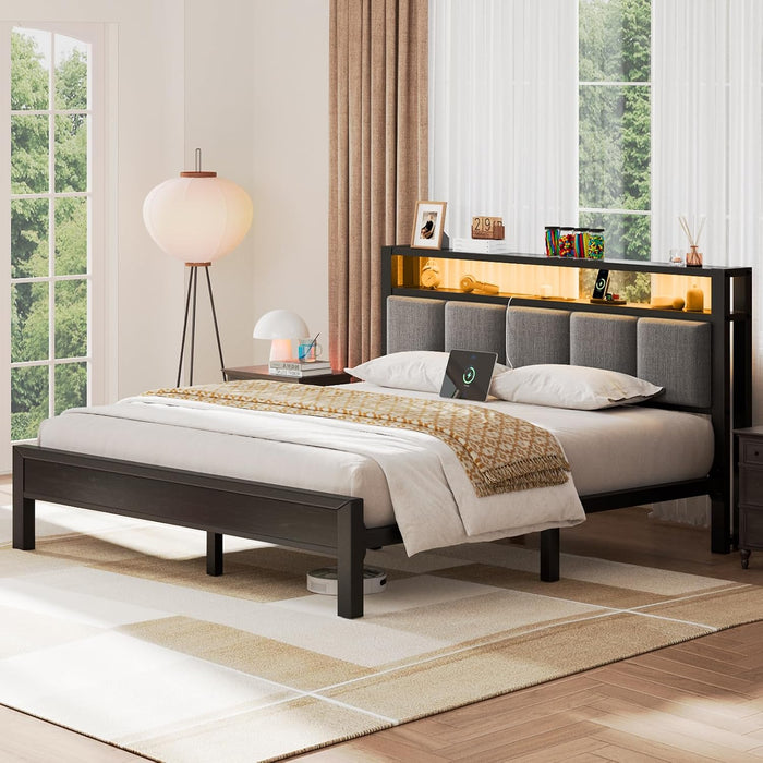 Full Size Bed Frame with LED Lights and Charging Station, Grey