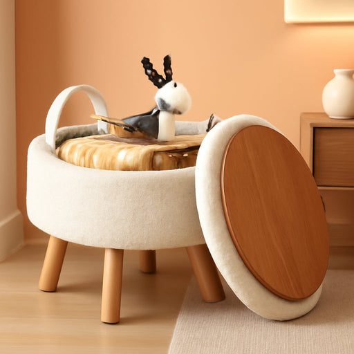 Storage Ottoman, Modern round Footrest with Soft Padded Seat, Teddy Velvet Footstool with Wood Legs, Accent Small Table or Plant Stand for Hallway, Living Room (Cream)