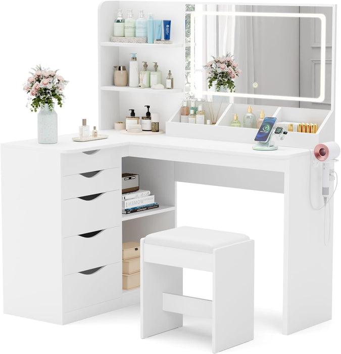 Vanity Desk with Lights and Mirror, L Shaped Makeup Table, with Hairdryer Holder and Fast Charging, Adjustable 3 Lighting Modes, 5 Drawers and Adjustabled Open Storage Shelves, White