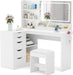 Vanity Desk with Lights and Mirror, L Shaped Makeup Table, with Hairdryer Holder and Fast Charging, Adjustable 3 Lighting Modes, 5 Drawers and Adjustabled Open Storage Shelves, White