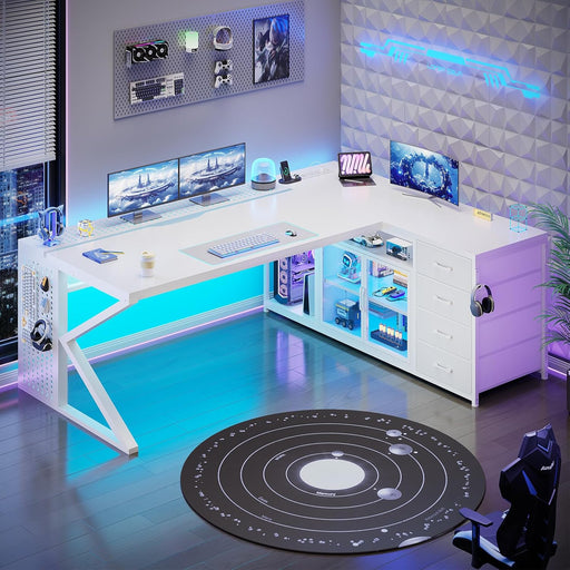 L Shaped Gaming Desk, 63" Lx27.6 W Computer Desk with 4 Drawers & Display Cabinet, Executive Office Desk with Storage Shelves & LED Light for Home Office, White