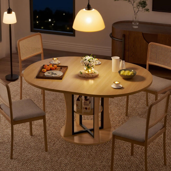 Extendable round Dining Table for 4-6-8, 43.3-59In Expandable Dining Table with Storage Shelf, Space Saving Circle Oval Kitchen Table with Leaf for Dining Room, Natural Oak