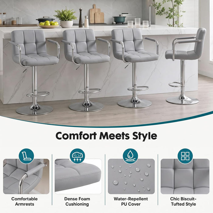 Swivel Bar Stools Set of 4, PU Leather Counter Height Stool with Arm | Upholstered Bar Chairs with Back, Barstools, Adjustable Height, Metal Legs, Kitchen Island, Cafe, Pub, Light Grey