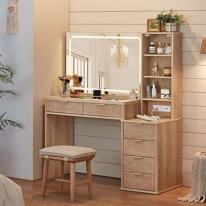 Vanity Desk with Mirror and Lights, 43.5'' Fluted Makeup Vanity with 6 Drawers and Adjustable Shelves, Glass Top Make up Vanity, Girls Wood Dressing Table with Power Outlet for Bedroom