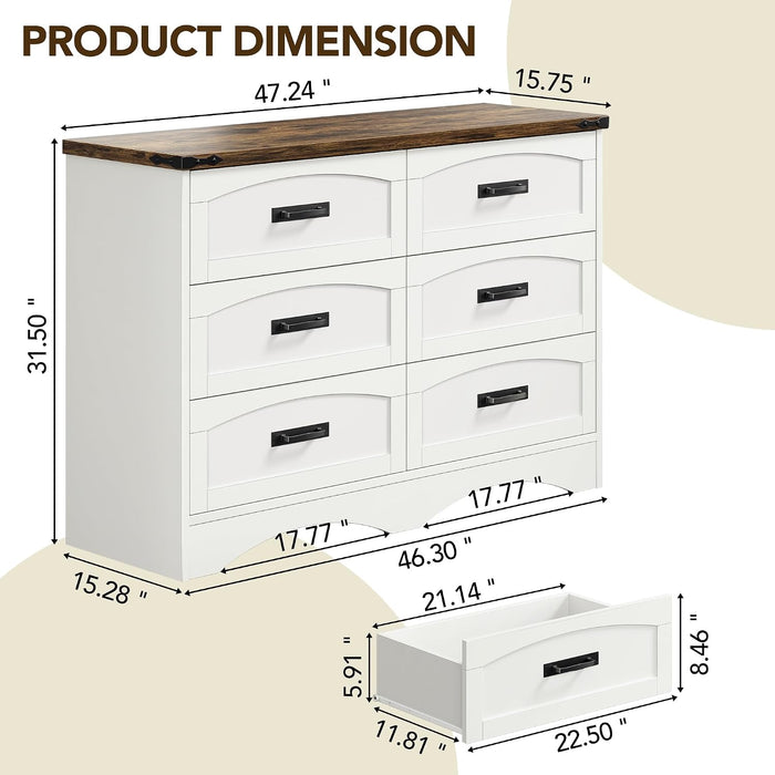 47" Farmhouse 6-Drawer Dresser for Bedroom, Pure White + Walnut