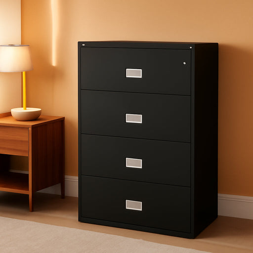 Lateral 38 Inch 4-Drawer Fireproof File Cabinet with Key Lock, Water Seal, Black,