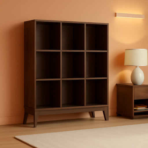 Harper 52" Tall Solid Wood 9-Cube Bookcase in Walnut Brown | Mid-Century Modern Cube Organizer with Angled Frame and Tapered Legs for Living Room or Office; Bookshelf, Shelving Unit.