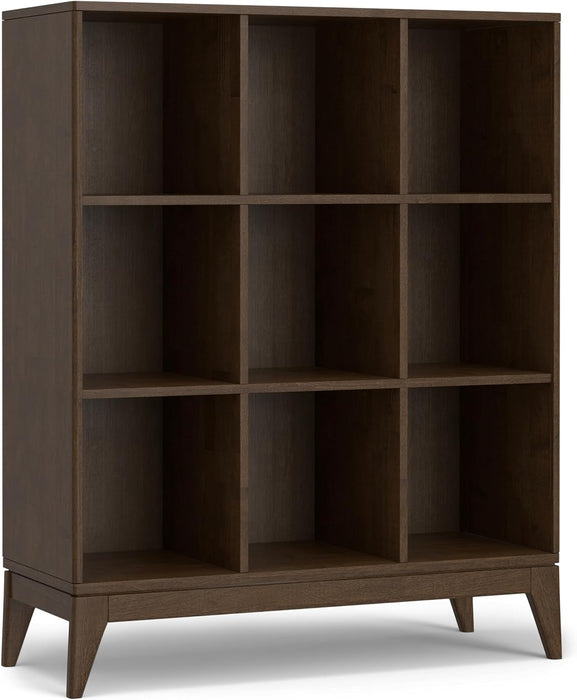 Harper 52" Tall Solid Wood 9-Cube Bookcase in Walnut Brown | Mid-Century Modern Cube Organizer with Angled Frame and Tapered Legs for Living Room or Office; Bookshelf, Shelving Unit.