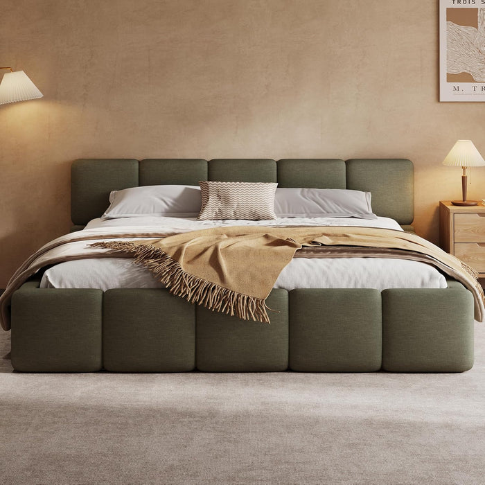 King Size Boucle Platform Bed with Thick Headboard and Footboard, Block Style Upholstery Floor Bed Frame, Green