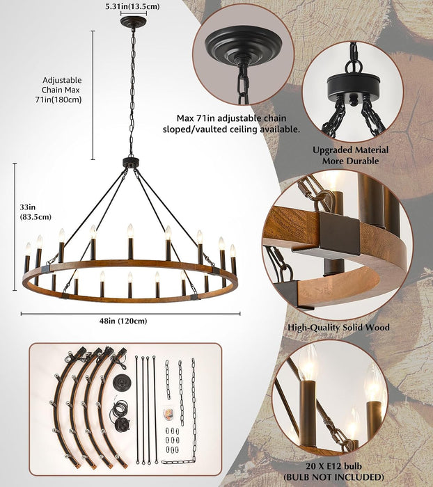 48" Wagon Wheel Light Fixture Large Wood Farmhouse Chandelier 20-Light