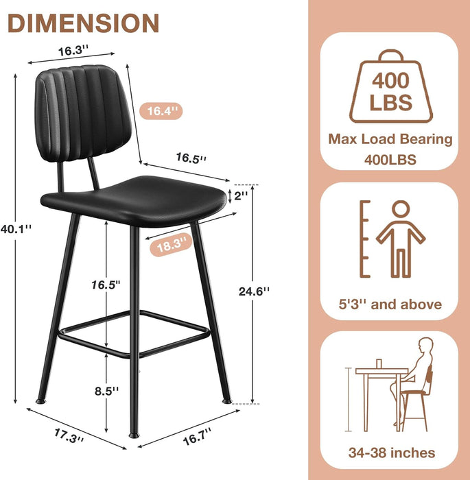 24-Inch Leather Bar Stools Set of 3 with High Backrest, Black | Faux Leather, Counter Height Barstools, Heavy Duty Metal Legs, with Footrest, for Kitchen Island