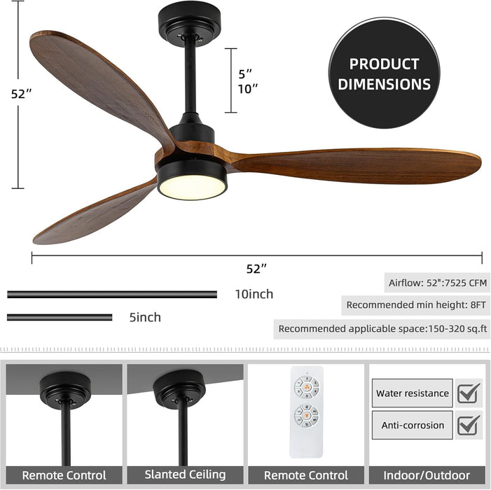 52" Outdoor Ceiling Fan with Light, 6 Speeds, Remote Control, Low Profile for Bedroom, Living Room, Dining Room