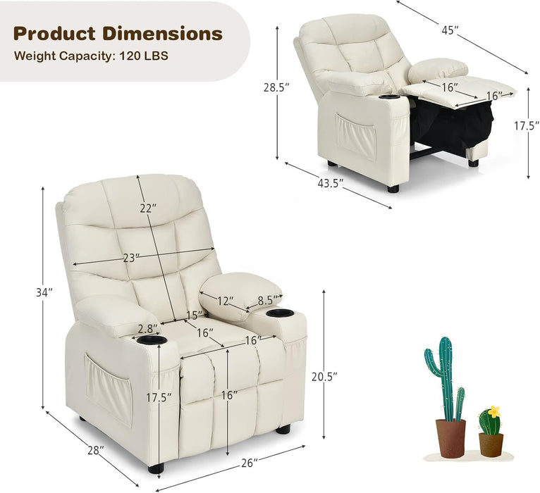 Kids Recliner Chair with Cup Holder, Adjustable Lounge Chair W/Footrest & Side Pockets for Children Boys Girls Room, Ergonomic Toddler Furniture Sofa, Kids Recliner (Beige)