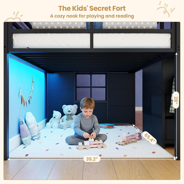 Low Loft Bed Twin Size with Stairs & LED Lights, Kids Loft Bed with 7 Storage Drawers & 3 Open Cubbies & Handy Clothes Rail, Twin Loft Bed with Safety Guardrail, Under-Bed Play Area, Black