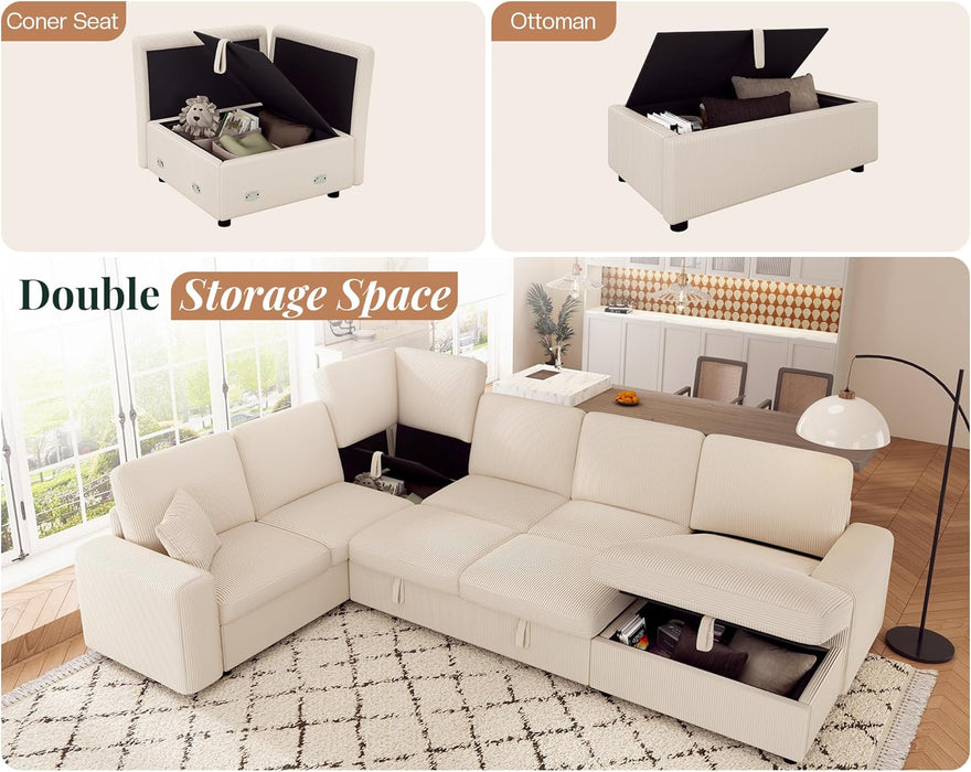 130Inch Beige Upholstered Sleeper Sofa With Storage