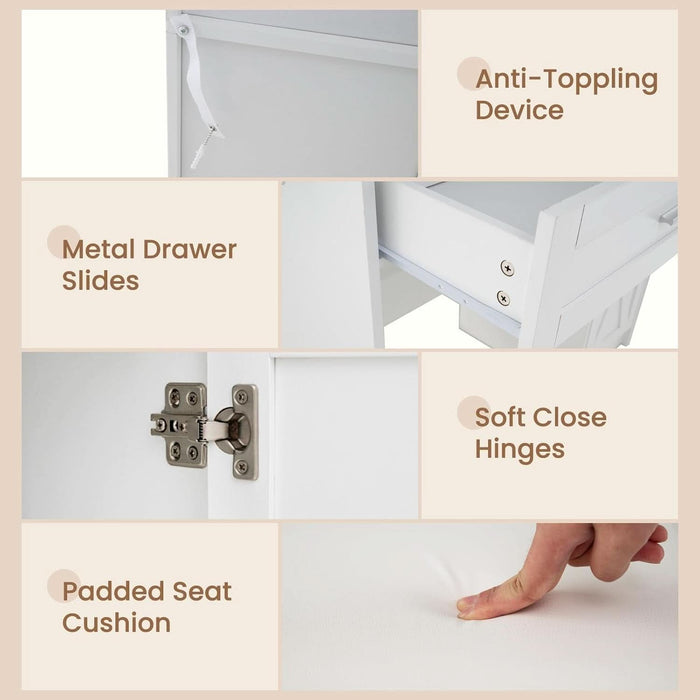 Vanity Desk with Mirror and Lights, Jewelry Storage Cabinet, Farmhouse White Makeup Vanity Desk with Charging Station, 3 Drawers, 3 Lighting Modes, Bedroom Vanity Dressing Table with Stool