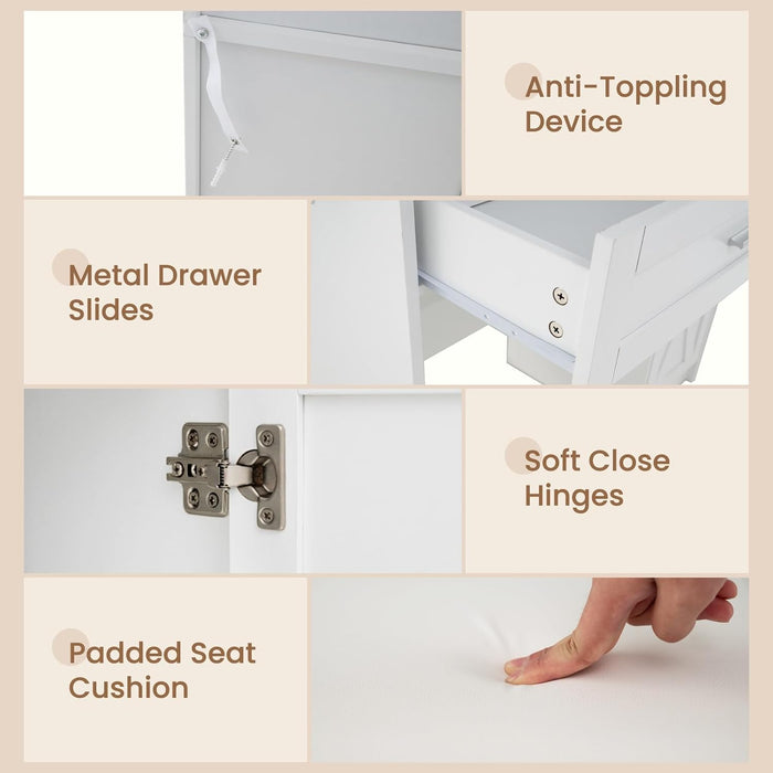 Vanity Desk with Mirror and Lights, 35.5'' Farmhouse Dressing Table with Jewelry Cabinet, Charging Station, Storage Drawers, Padded Stool, White Makeup Vanity Set for Bedroom