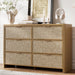 Rattan 6 Drawer Dresser for Bedroom, 47.2" Wide Curved Dressers & Chests of Drawers with 6 Deep Drawers, Large Boho Wooden Dresser W/Gold Metal Handles for Bedroom, Natural Oak