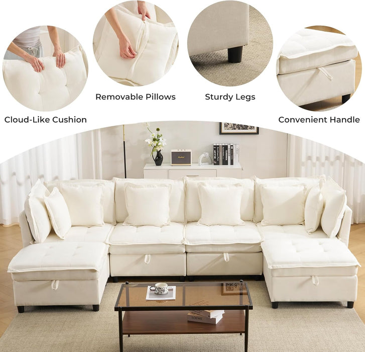 White OneThirtyThreeInch Modular Sectional Sofa Hidden Storage