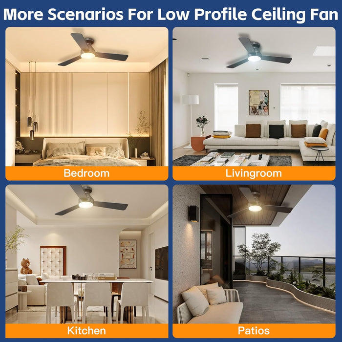 Ceiling Fans with Lights, 42 Inch Ceiling Fan with Light and Remote, 3CCT Flush Moun Low Profile Ceiling Fans, 6 Speed Noiseless LED Ceiling Fan, Black Ceilings Fan with Remote for Bedroom Living Room