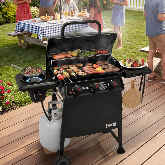 3 Burner Propane Gas Grill with Side Burner, Porcelain-Enamel Main Body and Lid, Propane BBQ Grill with 38,000 Btus Output & Side Table for Patio, Backyard, Poolside Gatherings