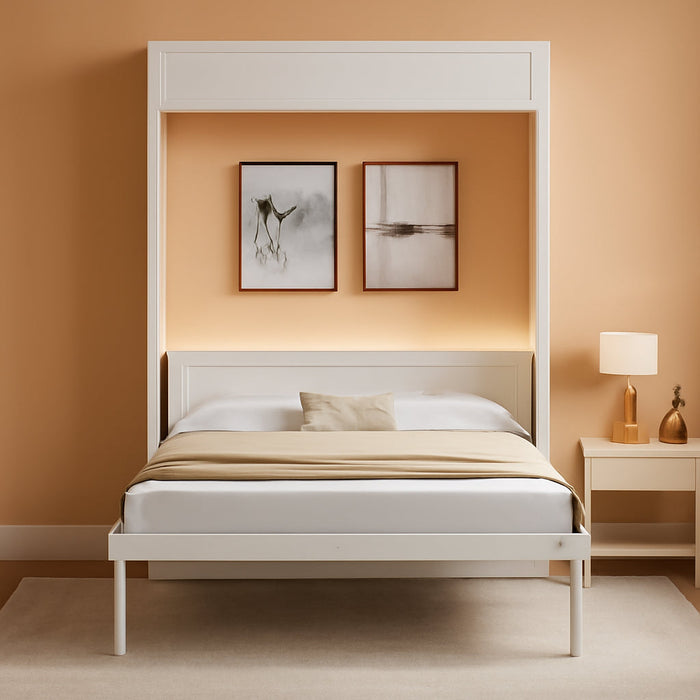 Full Size Murphy Bed with Drawers, Solid Wood Murphy Bed Cabinet, Storage Bed Cabinet for Bedroom, Office, Space-Saving, No Box Spring Needed, Beige