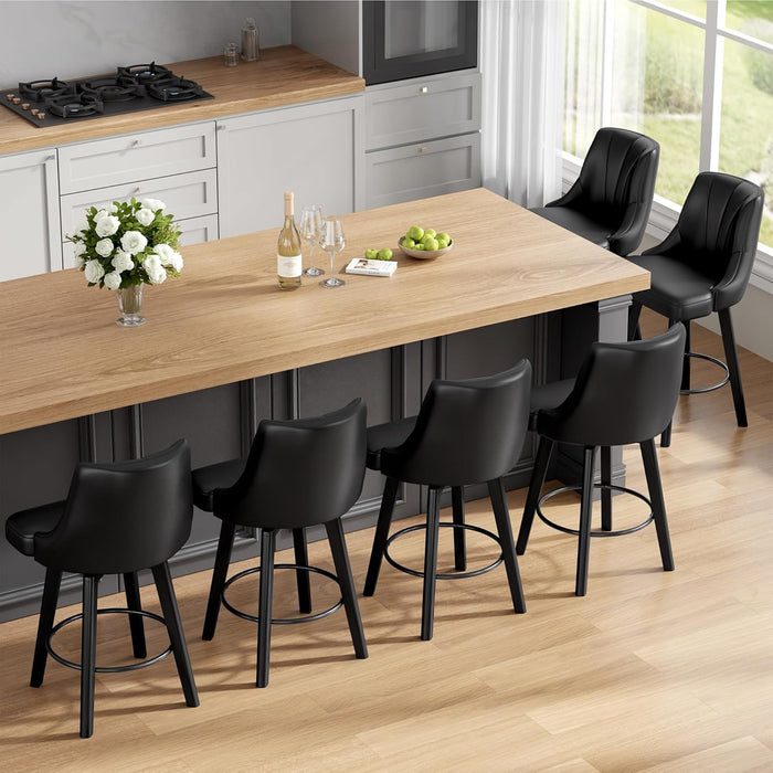 Counter Height Swivel Bar Stool, 24" Upholstered PU Leather Barstools Set of 4, Counter Stool Chair with Back & Solid Wood Legs for Kitchen Island Dining Room (Black)