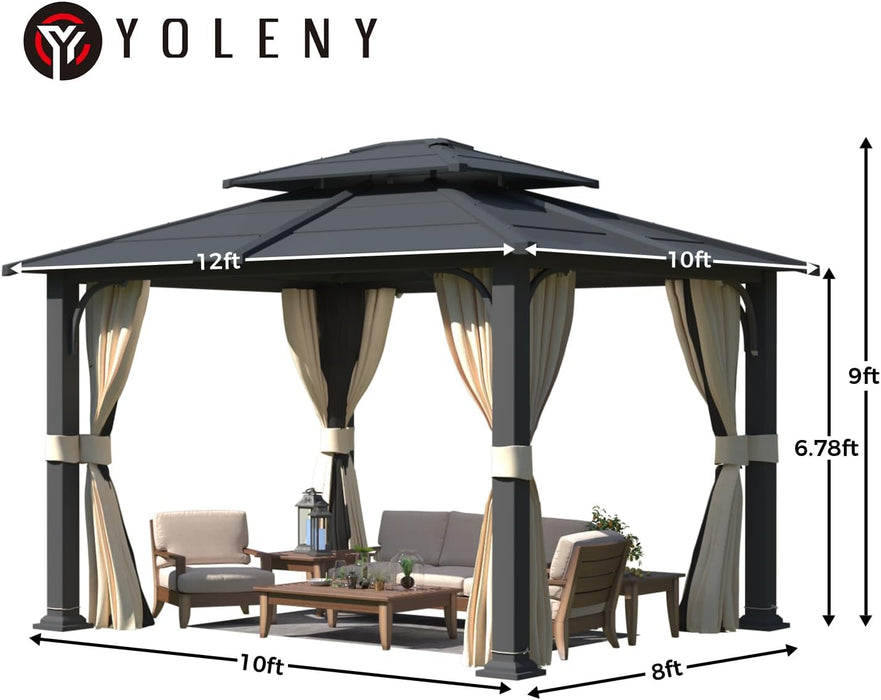 10'X12' Gazebo with Galvanized Steel Roof, Hardtop Double Roof with Anti-Rust Coating, Outdoor Gazebos with Curtains and Netting, Sunshade for Gardens, Lawns, Deck