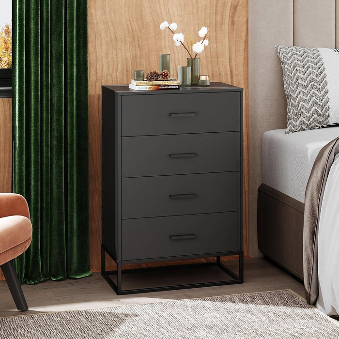 Black Dresser for Bedroom with 4 Drawers, Tall Dresser with Sturdy Metal Frame, Wood Chest of Drawers for Closet, Living Room, Hallway