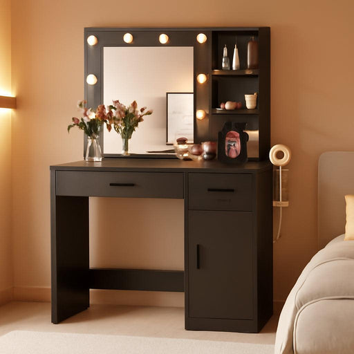 35.4" Vanity Desk with LED Mirror & Power Outlet, Makeup Vanity Table with 3 Open Storage Shelves, Drawers and Cabinet, 3 Model Adjustable Lights for Bedroom & Dressing Room (Black)