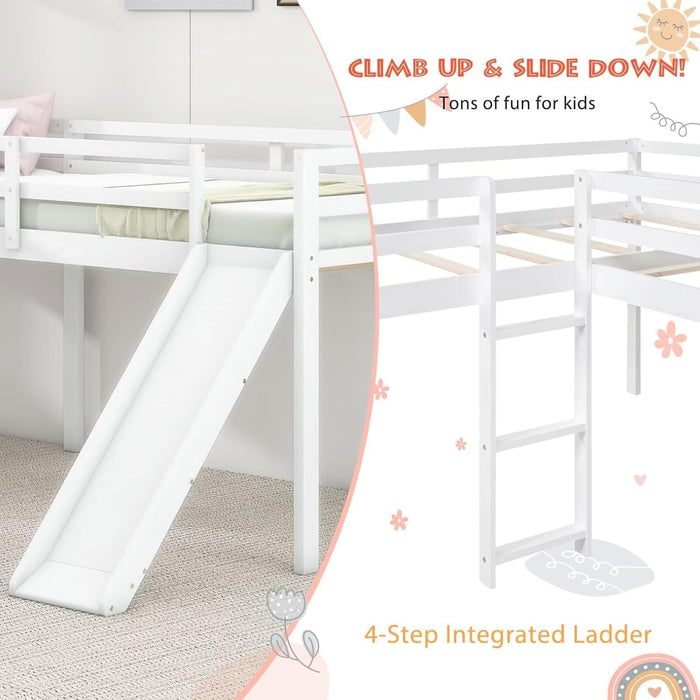 Wooden Twin Size Double Loft Bed with Slide and Ladder, L-Shaped Bed Frame with Full-Length Guardrail, Wood Bedframe for Kids Teens Adults Bedroom, 2 Twin Beds,White