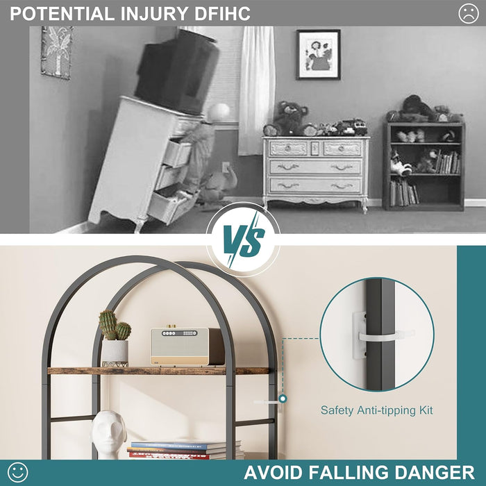 Bookshelf, Arched Bookshelf 5 Tier Bookcase, Tall Shelf for Cds/Books, Home Office Shelf Storage Organizer, Modern Book Shelf for Bedroom/Living Room, Rustic Brown