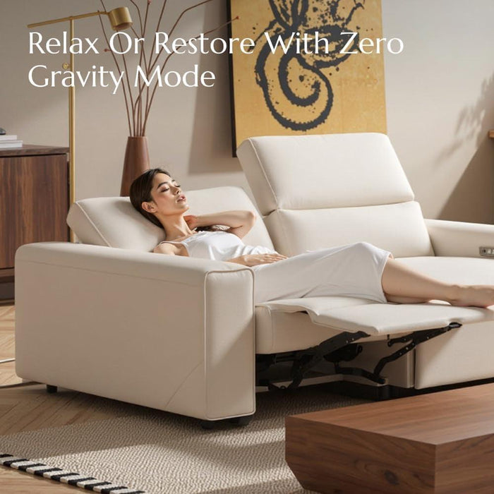 108" Power Recliner Couch, Leather Power Reclining Sofa with Electric Backrest and Footrest, Modular Sectional Sofa for Living Room, Electric Recliner with Wide Seating, Beige