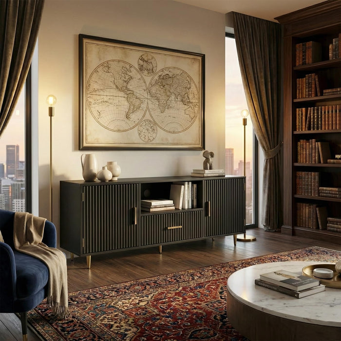 Modern Fluted TV Stand for 55/60/65 Inch TV, 57" Entertainment Center Media Console Table with Drawer & Storage Cabinets, Ribbed Design TV Cabinet Credenza for Living Room, Black