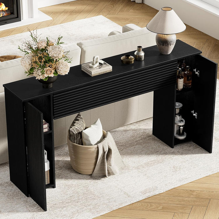 61'' Fluted Long Console Table, Wooden Rectangular Sofa Table behind the Couch, Narrow Entryway Table with 2 Hidden Storage Cabinets for Entrance, Hallway, Living Room, Foyer, Black