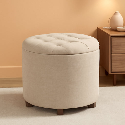 Decor round Ottoman with Storage, round Vanity Chair Stool Ottoman Pouf with Storage for Living Room and Bedroom, Linen Beige