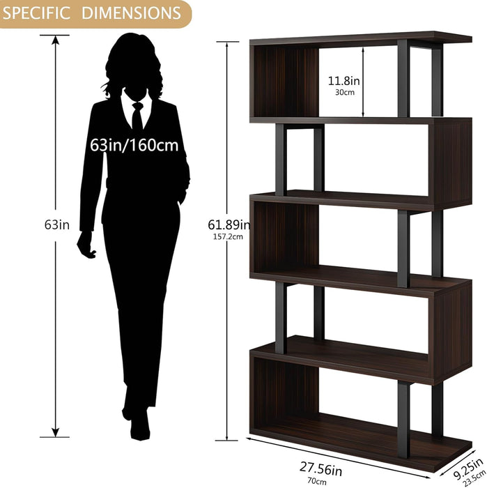 5-Tier Bookshelf Geometric Bookcase S Shaped Modern Book Shelf | Wood Decorative Storage Display Stand Shelves for Living Room, Home Office, Bedroom, Dinning Room