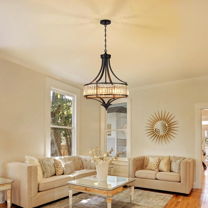 Modern Black Crystal Chandelier, 20 Inch Large Ceiling Pendant Light Fixture with 50'' Adjustable Hanging Chain, 5-Light Farmhouse Chandelier for Dining Room, Living Room, Bedroom, Entryway