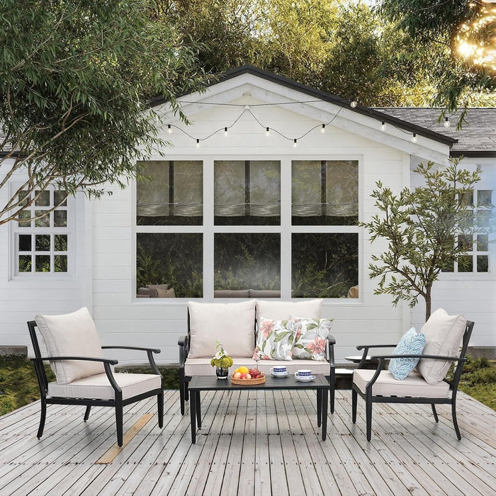 4 Pieces Patio Furniture Set W/Loveseat,Coffe Table,Outdoor Conversation Metal Sofa with High Back and Thick Cushion,For Backyard,Garden,Beige