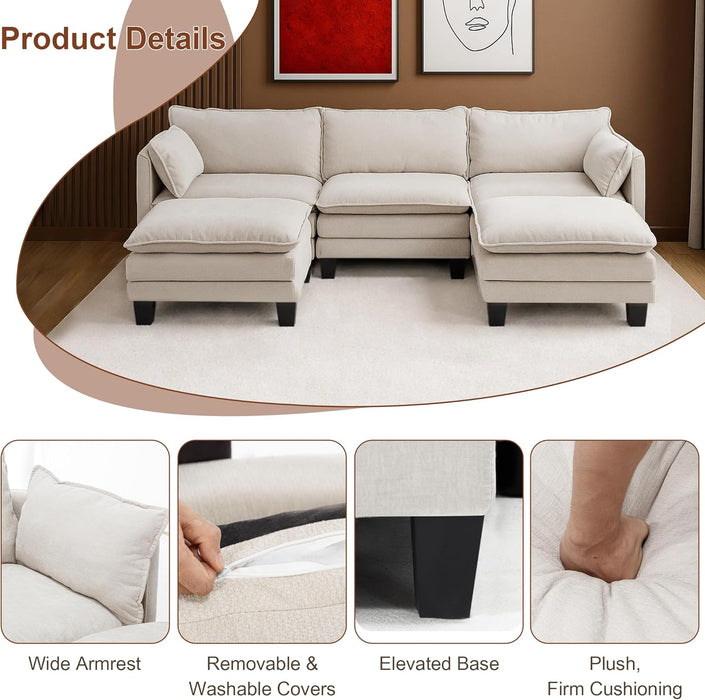 111Inch Modular Sectional Sofa Beige Upholstered Cushions