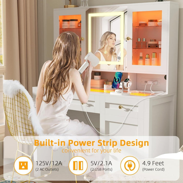 White Makeup Vanity Desk with LED Mirror and RGB Lights and Power Outlet, Morden Glass Top Vanity Table with Drawer & Storage Cabinet & Adjustable Shelves, Large Dressing Table for Bedroom