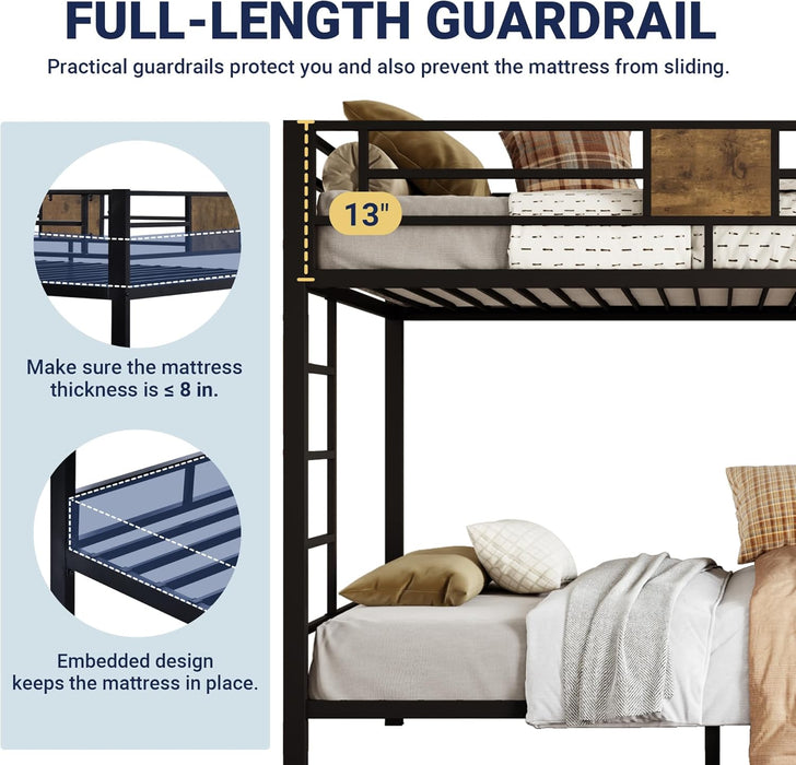 Twin over Twin Bunk Bed with Rustic Wooden Accents, Sturdy Metal Frame, Space-Saving Design, Noise-Free, Black