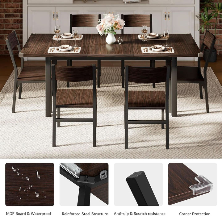 7 Pieces Dining Table & Chairs Set for 4-6, 63" Extendable Kitchen Table and 6 Chairs, Dining Room Table with MDF Board & Metal Frame, Perfect for Small Space, Easy Clean, Espresso