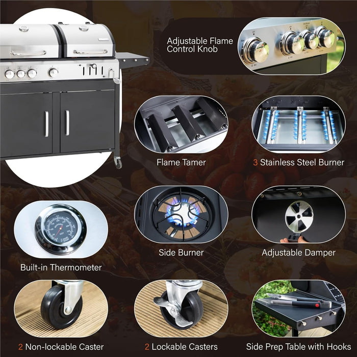Charcoal and Propane Gas Grill Combo with Side Burner & Porcelain-Enameled Cast Iron Grate, Dual Fuel BBQ Grill for Outdoor, Barbecue Grill, 690 SQIN Cooking Area