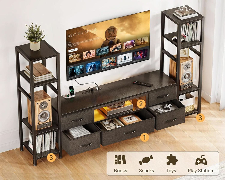 TV Stands for 40/43/50 Inch TV, Entertainment Center with LED Lights & Power Outlets, TV Stand Living Room with 5 Fabric Drawers, TV Console Cabinet for Bedroom, Black