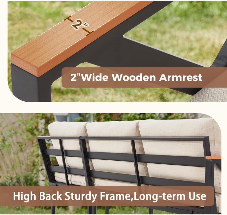 6 Pieces Patio Furniture Sets, Metal Outdoor Sectional Furniture L Shape Patio Conversation Sets with Fauxwood Coffee Table & 6.5" Olefin Cushions for Backyard, Garden, Poolside