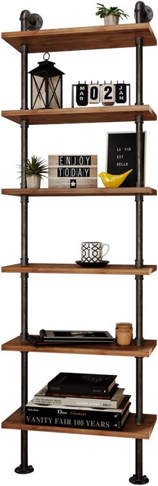 Industrial Pipe Bookshelves Rustic Wall Ladder Bookshelf Display Storage Stand Shelf Bookcase for Living Room, Kitchen, Office (6 Tier)